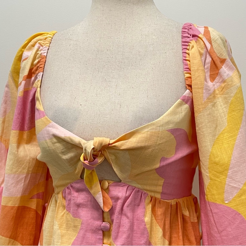 Sabo Alya Babydoll Pink Yellow Long Puff Sleeve Mini Dress Size X-Small - Picture 3 of 16